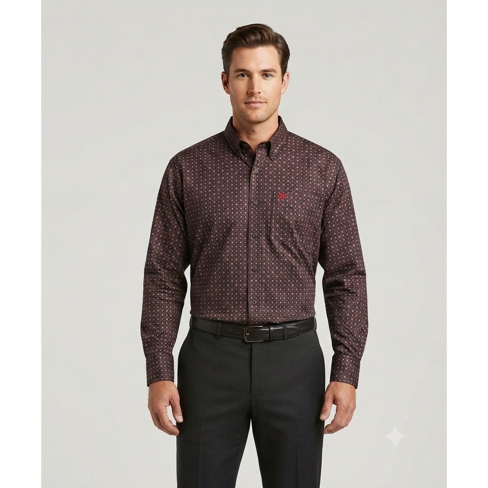 Ariat‎ Mens Medium Brown Geometric Print Long Sleeve Button Down Shirt Western